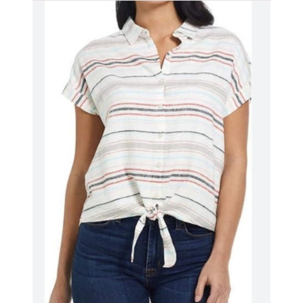 Weatherproof Vintage Linen Blend Tie Front Striped Top Size XL